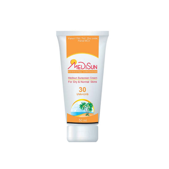 کرم ضد آفتاب بی رنگ مدیسان مناسب برای پوست خشک و معمولی با SPF30
