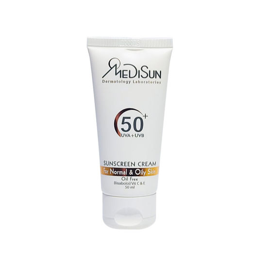 کرم ضد آفتاب بی رنگ مدیسان مناسب برای پوست معمولی و چرب با SPF50+