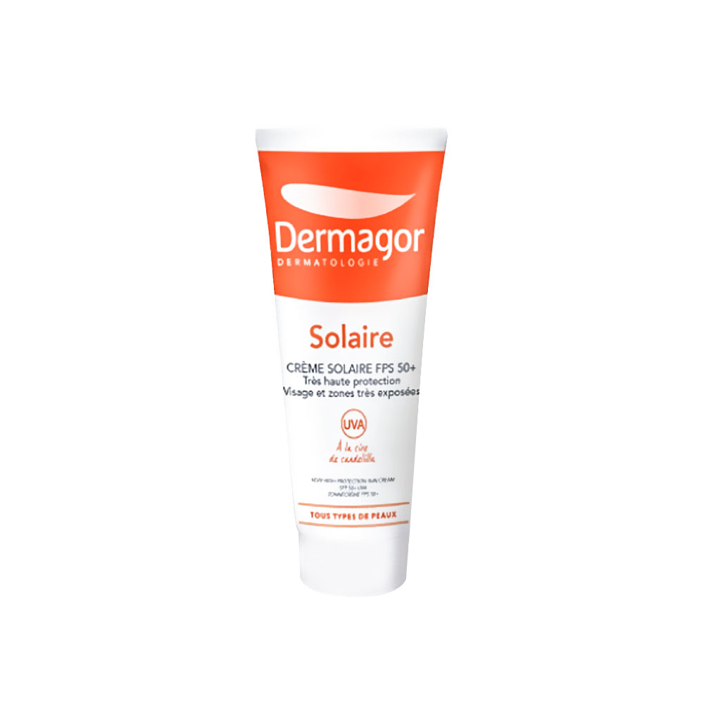 ضد آفتاب بی‌رنگ درماگور مناسب برای پوست معمولی تا خشک با SPF50+