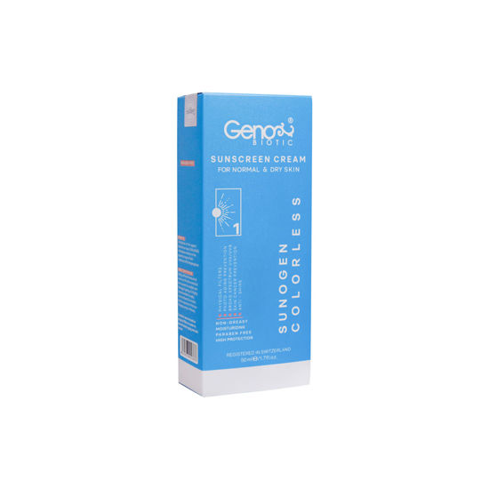 کرم ضد آفتاب بی رنگ ژنوبایوتیک مدل سانوژن مناسب برای پوست خشک و معمولی با SPF50