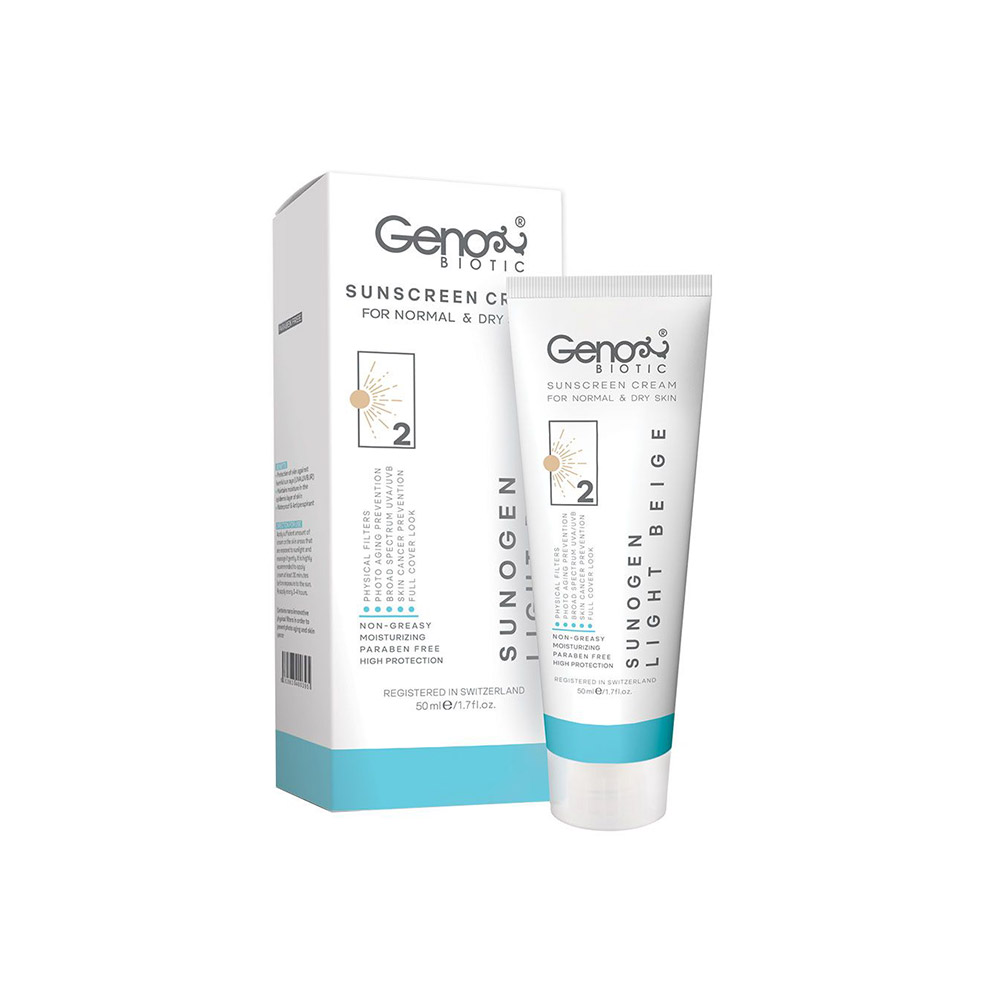 کرم ضد آفتاب رنگی ژنوبایوتیک مدل سانوژن مناسب برای پوست خشک و معمولی با SPF50