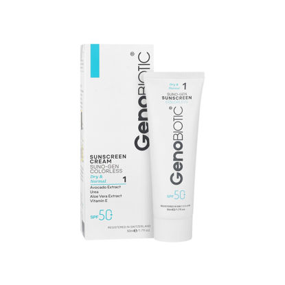 کرم ضد آفتاب بی رنگ ژنوبایوتیک مدل سانوژن مناسب برای پوست خشک و معمولی با SPF50