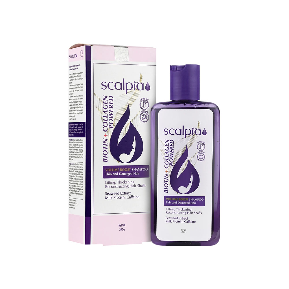 شامپو حجم دهنده مو اسکالپیا حاوی بیوتین و کلاژن