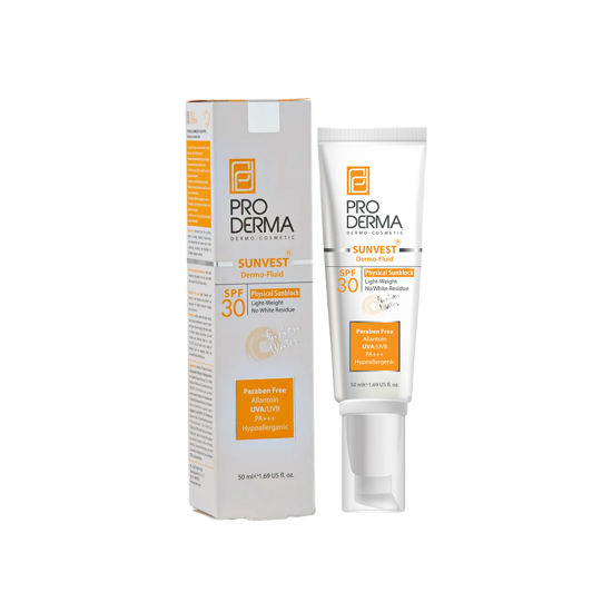 فلوئید ضد آفتاب بی رنگ پرودرما مدل سان وست درمو فلوئید با SPF30 مناسب برای پوست معمولی تا خشک و حساس