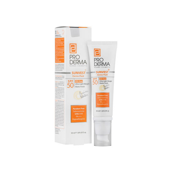 فلوئید ضد آفتاب بی رنگ پرودرما مدل سان وست درمو فلوئید با SPF50 مناسب برای پوست معمولی تا چرب و جوشدار