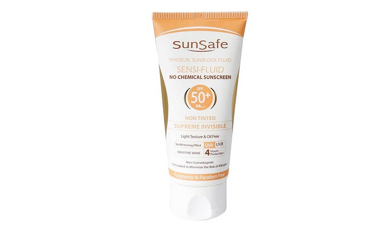 فلوئید ضد آفتاب بی رنگ سان سیف مدل فیزیکال مناسب برای پوست حساس و مستعد به قرمزی با SPF50