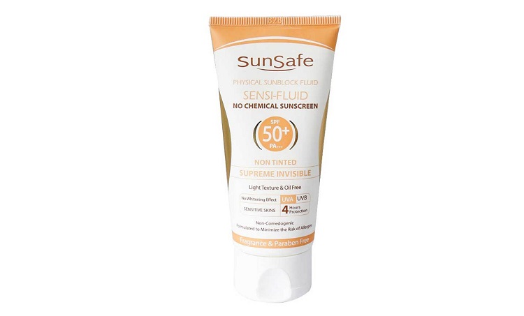 فلوئید ضد آفتاب بی رنگ سان سیف مدل فیزیکال مناسب برای پوست حساس و مستعد به قرمزی با SPF50